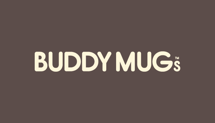 Brand Logo Design for Buddy Mugs, cream wordmak on a brown background.