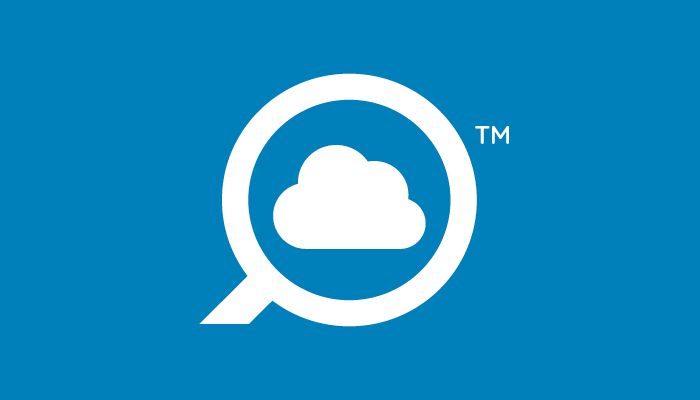 Cloud Kickers symbol design, white cloud and magnifying glass on a sky blue background.