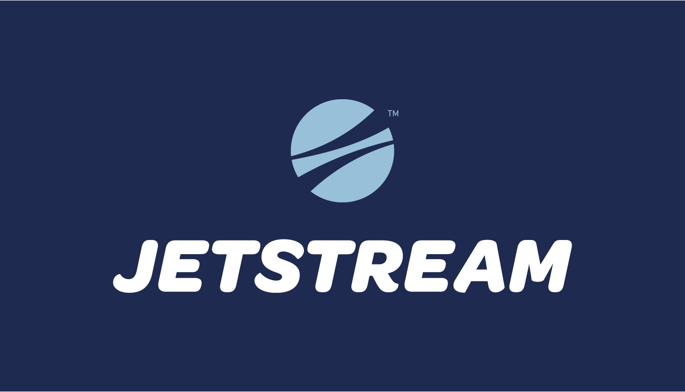 Symbol Design of Jetstream, light blue globe symbol on a bark blue background.