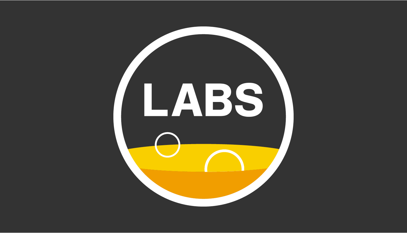 Labs brand logo design, orange, yellow and white on a black background.