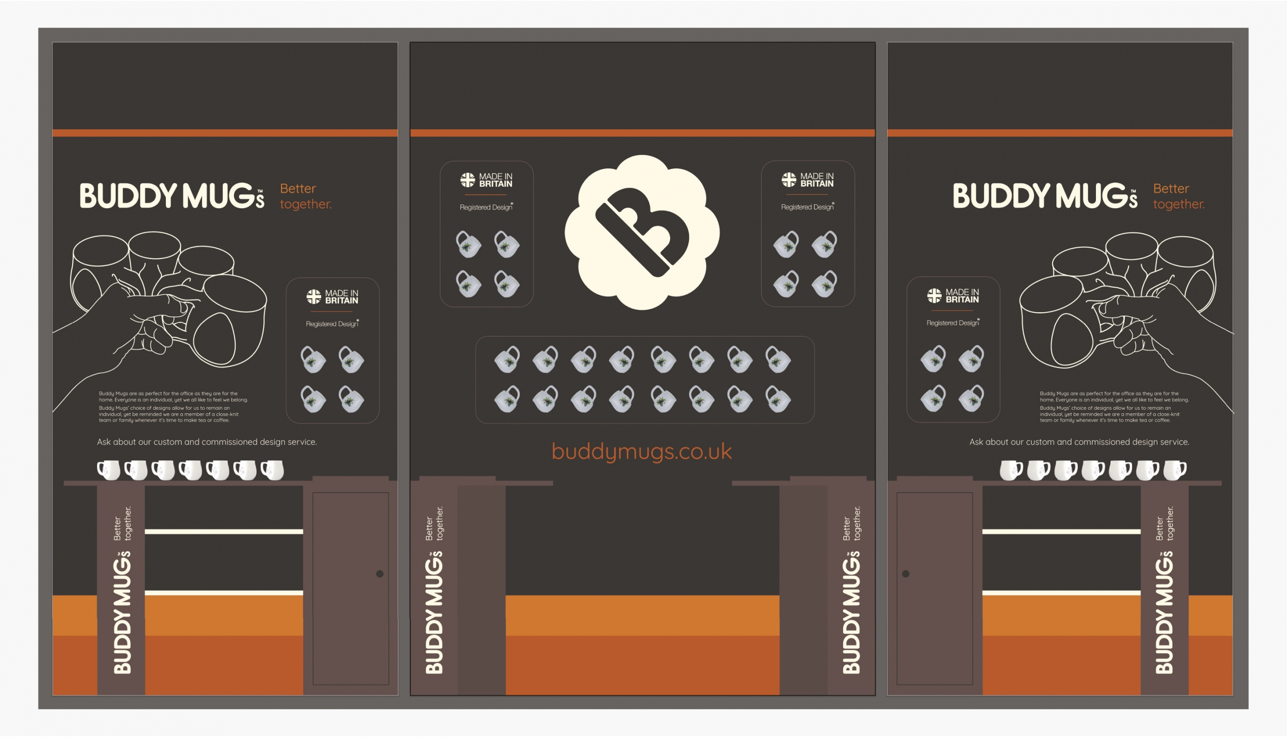 Logo Design | Buddy Mugs exhibition stand Logo Design | Buddy Mugs logo applied to an exhibition stand, cream logo on a black background.